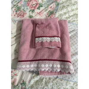 Vintage Dundee Bath Towel Set Pink Lace Cotton Blend 80s 90s Pair Ruffle